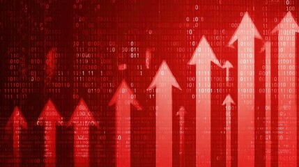 Binary code and upward-pointing arrows on red background depicting financial success, suitable for corporate presentations, sales reports, and digital strategy materials emphasizing progress.