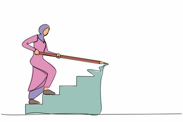 Poster - Single one line drawing Arabian businesswoman use huge pencil to draw rising up stairs, walk climbing up ladder. Strategy reach business target, career path achievement. Continuous line design vector