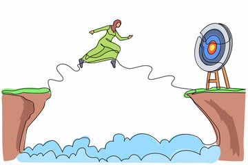 Poster - Continuous one line drawing Arab businesswoman jumping over cliff to reach target. Success move while taking risk. Entrepreneur challenges, motivation, personal growth. Single line draw design vector