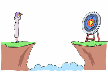 Poster - Continuous one line drawing Arab businesswoman standing on cliff with binoculars in hand. Business target goals concept. Woman focus to successful. Single line draw design vector graphic illustration