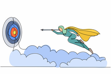 Poster - Single one line drawing superhero Arab businesswoman flying with arrow forward to goal to achieve success. Power leadership ambition and achievement. Continuous line design graphic vector illustration