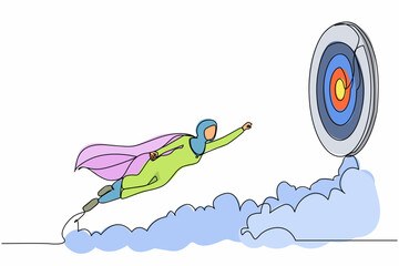 Poster - Continuous one line drawing superhero Arabic businesswoman in cloak flying up to target. Business success, leadership, professionalism, goal achievement. Single line design vector graphic illustration
