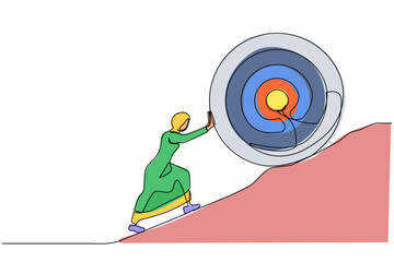Poster - Single continuous line drawing Arabian businesswoman push up big target to mountain. Woman pushing giant target upwards. Goal too big can be difficult. One line draw graphic design vector illustration
