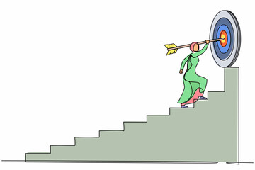 Poster - Continuous one line drawing Arabian businesswoman with arrow running toward her goal, path to achieving high goal, through stairs, steps of achievement. Single line design vector graphic illustration