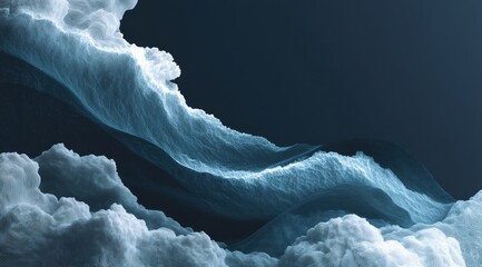 Poster - Abstract digital artwork depicting a stylized landscape of swirling, textured clouds against a dark blue backdrop; the clouds are rendered with a sense of depth and movement