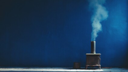 Poster - A small wood stove with a dark metal pipe emits a plume of white smoke against a deep blue wall, sunlight illuminating the floor
