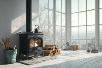 Poster - Sunlit room with wood-burning stove, large windows offering scenic view, and rustic decor
