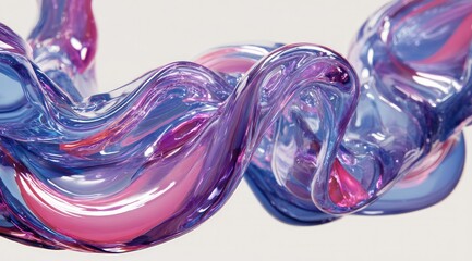 Poster - Abstract swirling translucent liquid, in shades of pink and blue, against a light grey background.  The fluid forms elegant, flowing curves and shapes