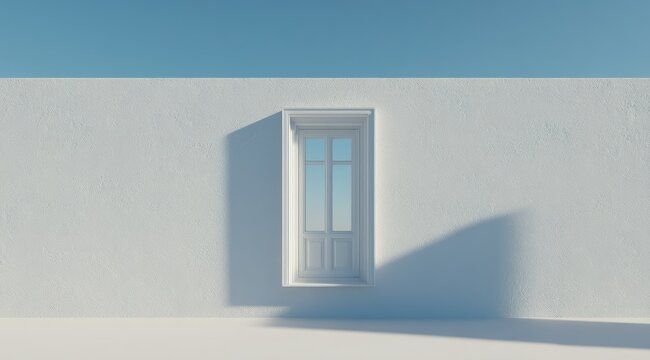 A minimalist rendering depicts a single, recessed, white window set into a larger white wall against a pale blue sky.  The scene is brightly lit, casting shadows