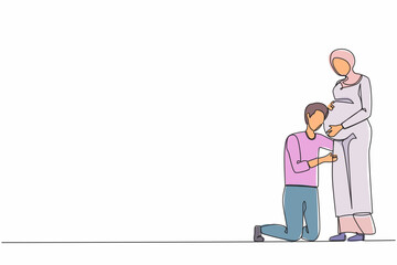 Poster - Single continuous line drawing man or husband kneel down and listening to his Arabic pregnant wife belly, expecting new born baby. Future parents character. One line graphic design vector illustration