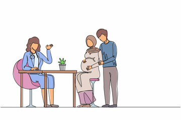 Poster - Single one line drawing Arabian Moslem family expecting child visiting doctor isolated. Physician consulting pregnant woman with husband. Modern continuous line draw design graphic vector illustration