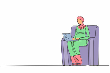 Poster - Continuous one line drawing healthy Arabian pregnant woman sitting on sofa at home working on her laptop during her maternity leave before giving birth to baby. Single line design vector illustration