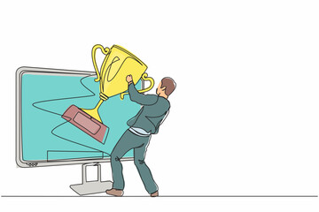Poster - Single continuous line drawing businessman pulls out trophy cup from computer screen. Working on award winning project, freelance job, online work, winner. One line graphic design vector illustration