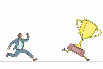 Poster - Single continuous line drawing businessman trying to catch trophy. Man running and chasing after run away winner cup. Business challenge metaphor. Dynamic one line graphic design vector illustration
