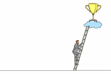 Poster - Single continuous line drawing businessman climb to trophy over clouds. Businessman climbing ladder to success. Motivation concept to be successful. One line draw graphic design vector illustration