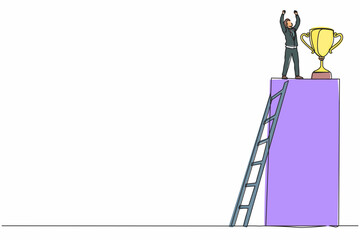 Poster - Continuous one line drawing businessman climb ladder to reach trophy and standing with arms lifted in the air. Man celebrating his business award. Single line draw design vector graphic illustration