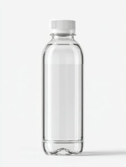 Poster - A clear plastic bottle with a white cap, slightly curved, stands against a plain white background; it is empty, showing a subtle reflection