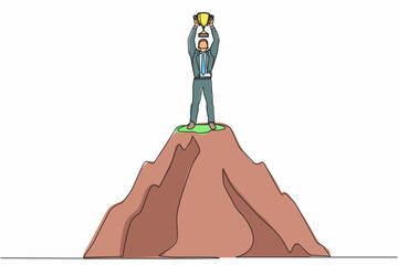Poster - Single continuous line drawing happy businessman holding trophy on the top of the high mountain. Success, goal, achievement and challenge concept. One line draw graphic design vector illustration