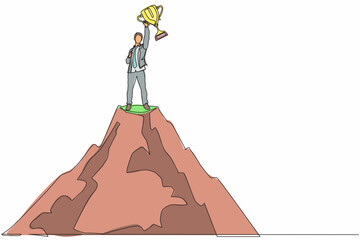 Poster - Single one line drawing success on top. Businessman on top of mountain holding trophy in raised hands. Winner, happiness, reaching goal concept. Continuous line draw design graphic vector illustration