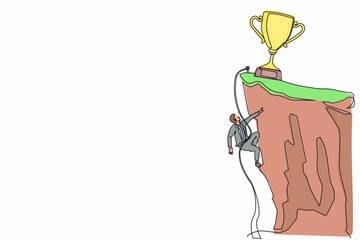 Poster - Single continuous line drawing climber hanging on rope and pulling himself on top of rocky mountain wall to reach trophy. Extreme businessman climbing on cliff. One line draw graphic design vector