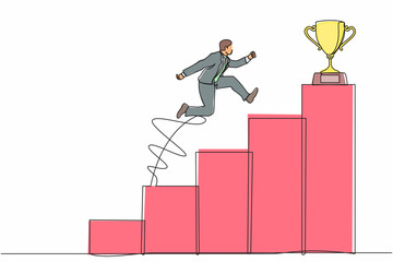 Poster - Continuous one line drawing businessman jumping to success. Step to successful. Achieve trophy cup. Man run and go to their goal on stairs, way to achieve goal. Single line draw design vector graphic