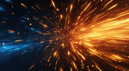 Poster - Abstract image depicting a vibrant, cosmic tunnel effect.  Streaks of light in cool and warm tones converge at the center, creating a sense of depth and movement