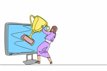 Poster - Single one line drawing businesswoman pulls out trophy cup from computer screen. Working on award winning project, freelance job, online work, winner. Continuous line draw design vector illustration