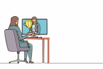 Aufkleber - Continuous one line drawing beautiful businesswoman holds out a golden cup from a monitor to a happy office worker. Award in the online contest. Single line draw design vector graphic illustration