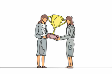 Poster - Single continuous line drawing businesswoman winner getting first prize. Girl giving golden cup to businesswoman. Winning, leadership, achievement concept. Dynamic one line draw graphic design vector