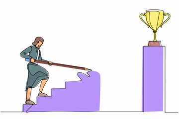 Poster - Single continuous line drawing businesswoman use huge pencil to draw rising up stairs, walk climbing up ladder, and try to reach trophy cup. Business development. One line draw graphic design vector