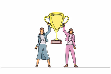 Poster - Continuous one line drawing two women holding golden goblet together. Winners celebrating victory. Businesswoman with prize, trophy cup. Celebration business team success. Single line design vector