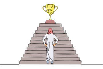 Poster - single one line drawing arabian businessman standing in front of staircase with trophy cup on the to