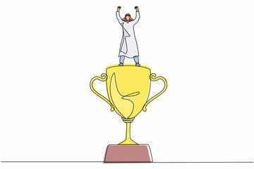 Poster - Single continuous line drawing Arabic businessman raised hands and standing above trophy. Man celebrating his business award. Business metaphor of success, appreciation. One line graphic design vector