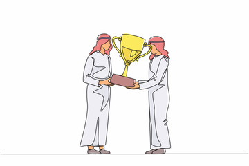 Poster - Single continuous line drawing Arabian businessman winner getting first prize. Male giving golden cup to businessman. Winning, leadership, achievement concept. One line draw design vector illustration