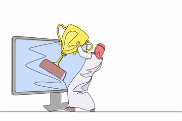 Aufkleber - Continuous one line drawing Arabian businessman pulls out trophy cup from computer screen. Working on award winning project, freelance job, online work, winner. Single line draw design vector graphic
