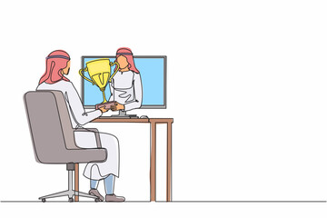 Poster - Single one line drawing young Arabian businessman holds out a golden cup from a monitor to a happy office worker. Award in the online contest. Continuous line draw design graphic vector illustration