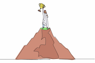 Poster - Continuous one line drawing success on top. Arabian businessman on top of mountain holding trophy in raised hands. Winner, happiness, reaching goal. Single line draw design vector graphic illustration