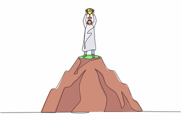 Poster - Continuous one line drawing Arabian businessman holding trophy on the top of the high mountain. Success, goal, achievement and challenge concept. Single line draw design vector graphic illustration