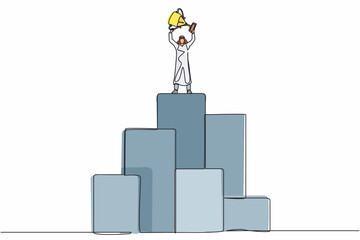 Poster - single continuous line drawing arabian businessman standing on big graphic bar and lifting trophy. w