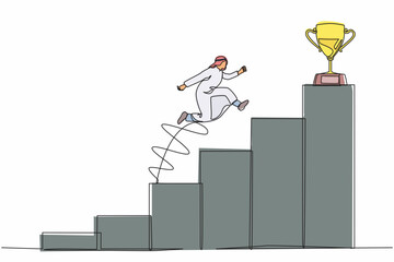 Poster - Single one line drawing Arab businessman jumping to success. Step to successful. Achieve trophy cup. Man run and go to their goal on stairs, way to achieve goal. Continuous line design graphic vector