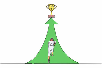 Poster - Single continuous line drawing reach for trophy. Arab businessman runs to target. Man working for goal, success, development, ability, victory, motivation. One line graphic design vector illustration