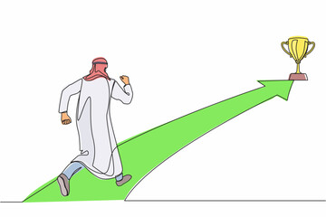 Poster - Single continuous line drawing Arabian businessman running on forward arrow to get trophy. People ready to start career and business. Manager running towards goal. One line draw graphic design vector