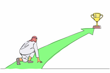 Poster - Single one line drawing Arabian businessman get ready on starting to goal of business in starting position ready to sprint run. Reaching trophy. Business concept. Continuous line design graphic vector