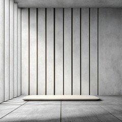 Poster - Minimalist interior design featuring a light beige platform in a concrete room with vertical grey and brown paneling and sunlight streaming through a window