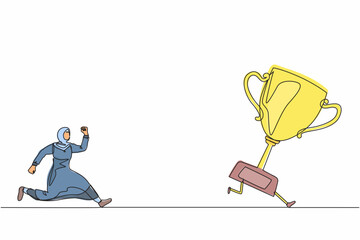 Poster - Single one line drawing Arab businesswoman trying to catch trophy. Female running and chasing after run away winner cup. Business challenge metaphor. Continuous line design graphic vector illustration