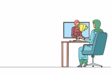 Poster - Single continuous line drawing beautiful Arabian businesswoman holds out golden cup from monitor to a happy office worker. Award in the online contest. One line draw graphic design vector illustration