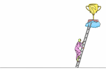 Poster - Single continuous line drawing Arab businesswoman climb to trophy over clouds. Female climbing ladder to success. Motivation concept to be successful. One line draw graphic design vector illustration