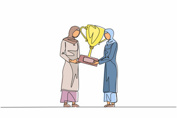 Poster - Continuous one line drawing Arabian businesswoman winner getting first prize. Girl giving golden cup to businesswoman. Winning, leadership, achievement concept. Single line draw design vector graphic