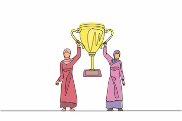 Poster - Single one line drawing two women holding golden goblet together. Winners celebrating victory. Arab businesswoman with prize, trophy cup. Celebration business team success. Continuous line draw design