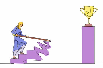 Poster - Single continuous line drawing Arabic businesswoman use huge pencil to draw rising up stairs, walk climbing up ladder, and try to reach trophy cup. Business development. One line graphic design vector